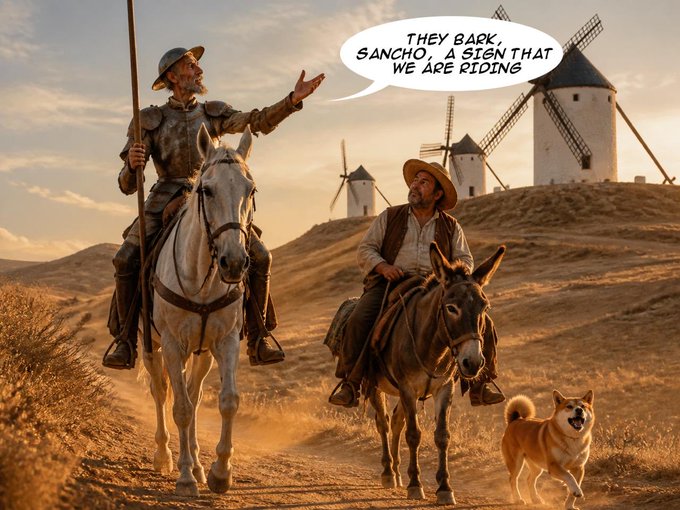 A Don Quixote-style scene of an armored knight on a white horse and a companion on a donkey with a Shiba Inu dog, with a speech bubble reading 'THEY BARK, SANCHO, A SIGN THAT WE ARE RIDING,' set against a backdrop of windmills.