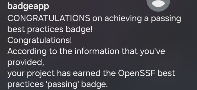 A notification from 'badgeapp' congratulates the user on achieving the OpenSSF best practices 'passing' badge for their project.