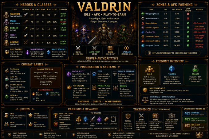 The image is an infographic for **VALDRIN**, an idle AFK play-to-earn auto-battler game launching on Solana, detailing its heroes, classes, combat mechanics, progression systems, economy, tokenomics, and farming zones.

It directly supports the post's claim by visually breaking down the game's complex mechanics—including 11 hero classes with stats (Warrior, Mage, etc.), combat formulas, AFK rewards, soulbound tokenomics (40% rewards, 40% treasury, 20% treasury), and PvE/PvP progression systems—demonstrating that Valdrin offers substantially more depth than typical idle game clones.