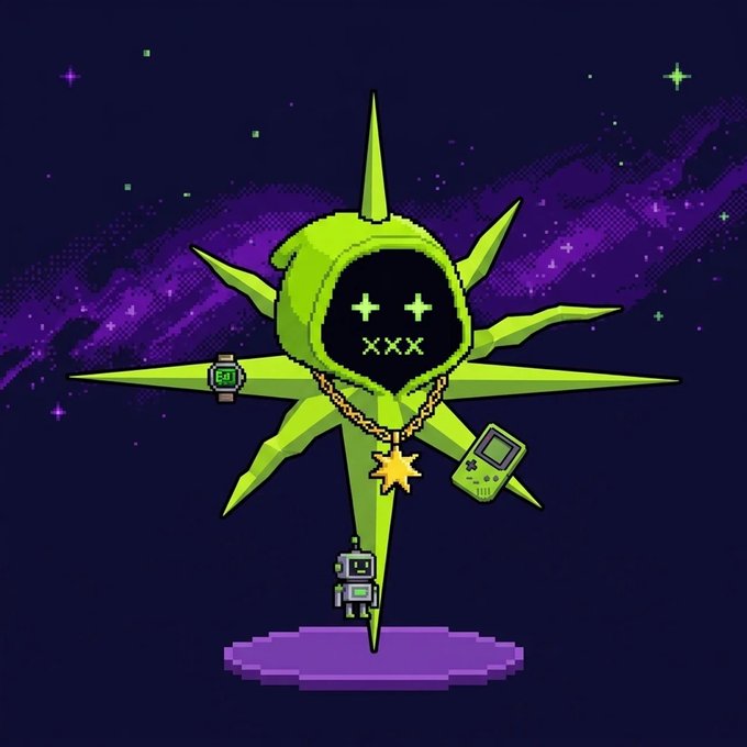 A pixel art illustration features a green hooded character with X eyes and plus signs floating in a cosmic starry background, accessorized with a watch, game boy, necklace, and a small robot.