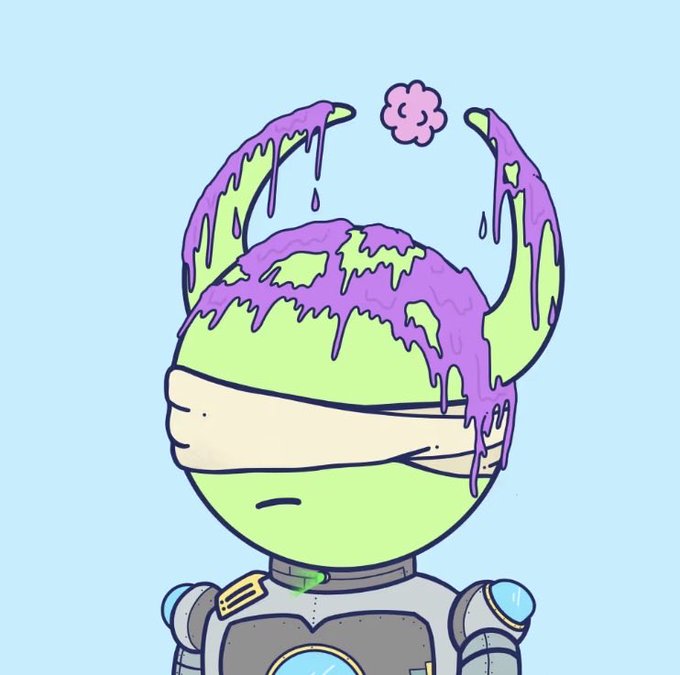 A green alien character with purple slime dripping from its horned head and a bandage wrapped around its eyes stands against a light blue background, with a small pink thought bubble above. The image relates to the post as a showcase of "Ling Number #1" from the @quirkiesnft collection, featuring the unique character design.