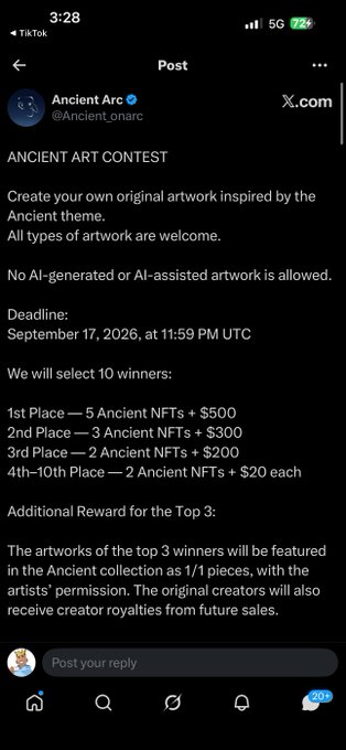A screenshot of an X (formerly Twitter) post from @Ancient_arc announcing an "ANCIENT ART CONTEST" with a deadline of September 17, 2026, offering prizes including Ancient NFTs and cash for the top 10 winners, and noting that no AI-generated artwork is allowed.