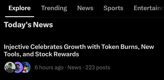 A news feed snippet titled "Today's News" features a headline reading "Injective Celebrates Growth with Token Burns, New Tools, and Stock Rewards" posted 6 hours ago with 223 posts.