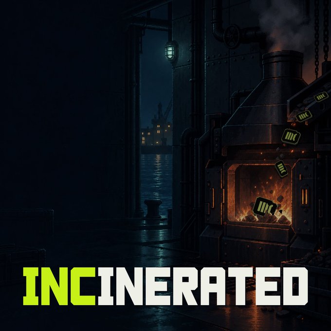 Dark industrial scene featuring an incinerator with fire visible inside, metal structures, and a harbor view through an opening, with the word 'INCINERATED' displayed prominently at the bottom.