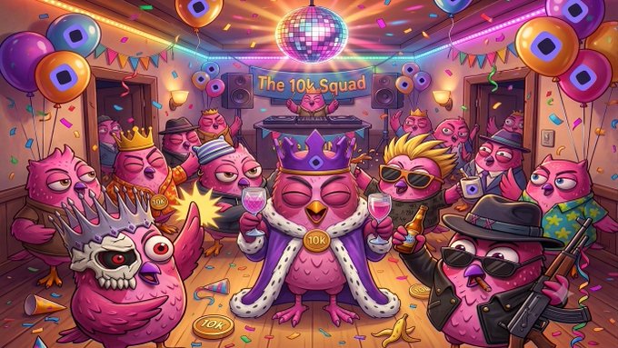 Colorful cartoon illustration of pink bird characters celebrating 'The 10k Squad' at a party with disco ball, balloons, and confetti.