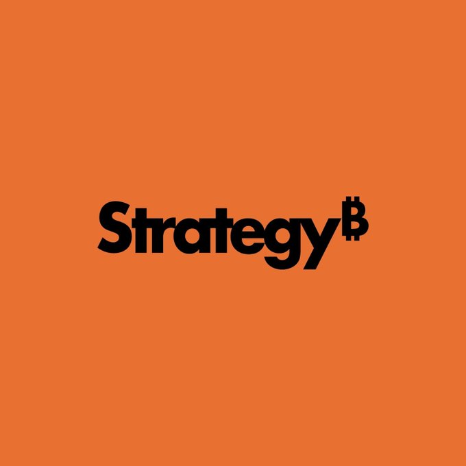 The image displays the "Strategy" logo in bold black text with a Bitcoin (₿) symbol on an orange background, which represents the company (formerly MicroStrategy) mentioned in the post about its reduced net leverage to 0.1%.