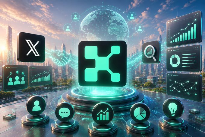 A futuristic digital illustration showcasing the X (formerly Twitter) logo prominently in the center, surrounded by floating analytics dashboards, charts, user icons, and a glowing globe against a cityscape backdrop.