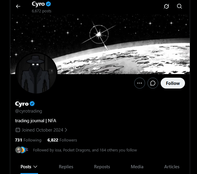 The image shows the X/Twitter profile of "Cyro" (@cyrotrading), a verified account with 6,672 posts and 6,822 followers, displaying a dark cosmic banner with a trench-coated figure avatar and the bio "trading journal | NFA."

The profile depicts the user referenced in the warning post about potential crypto rug pulls on Robinhood and Abstract.