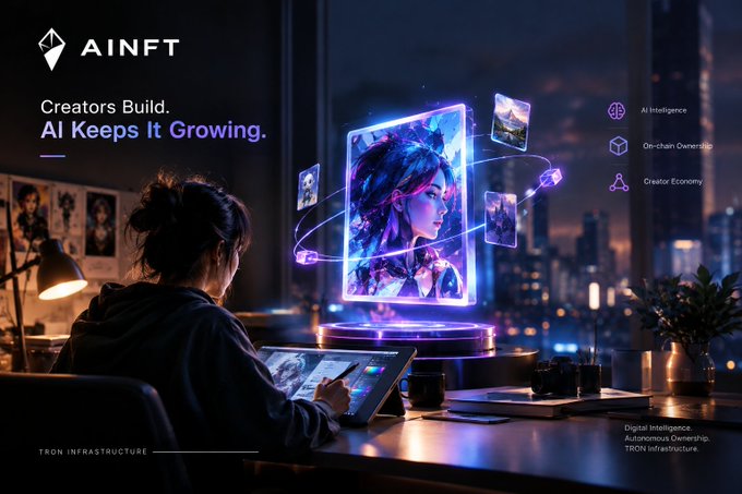 An advertisement for 'AINFT' with the tagline 'Creators Build. AI Keeps It Growing.' depicts a digital artist at a desk using a tablet to create AI-generated artwork featuring a woman with glowing neon hair.