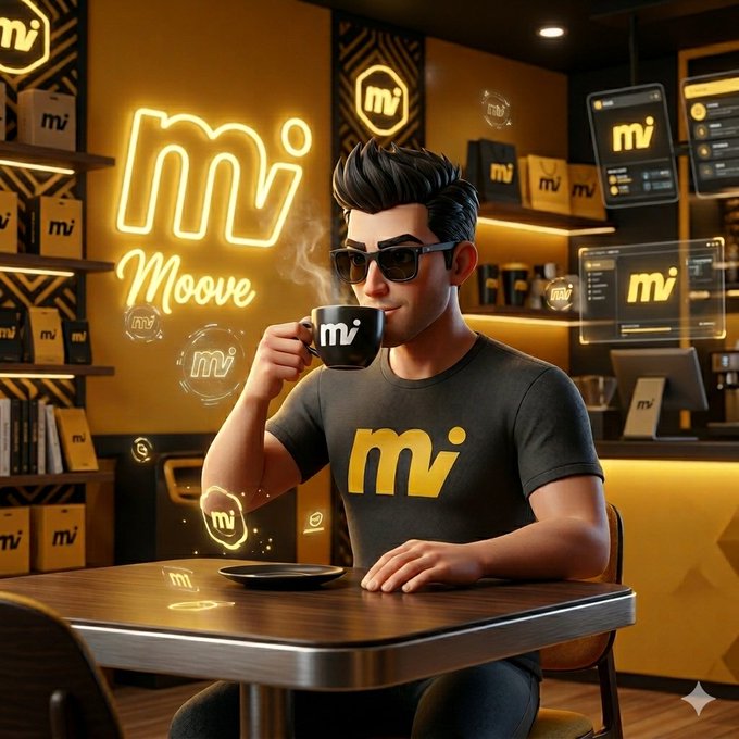 A 3D-rendered image of a man in sunglasses drinking from a mug in a cafe branded with the 'mvi' or 'Moove' logo, wearing a matching branded t-shirt.