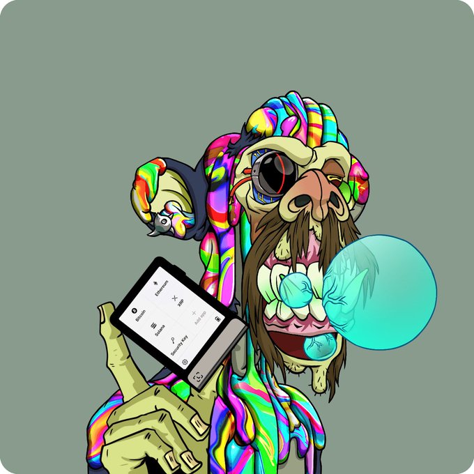 A colorful psychedelic illustration of a grotesque character with rainbow-striped hair, a large beard, exaggerated teeth, and a bubblegum bubble, holding up a smartphone displaying a contact screen.