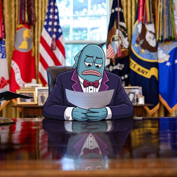 An animated fish character in a suit and bow tie sitting at the Oval Office desk reading a document, with American and Navy flags in the background.
