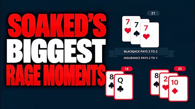 A YouTube thumbnail titled 'SOAKED'S BIGGEST RAGE MOMENTS' featuring playing card graphics showing blackjack hands with text noting 'BLACKJACK PAYS 3 TO 2' and 'INSURANCE PAYS 2 TO 1.'