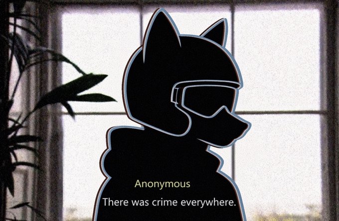 A black silhouette of a character wearing a cat-eared helmet and goggles stands before a window with text reading "Anonymous: There was crime everywhere." The anonymous, faceless figure visually reinforces the post's teaser of an upcoming exposé on a major crypto scam, embodying the whistleblower persona preparing to reveal wrongdoing.