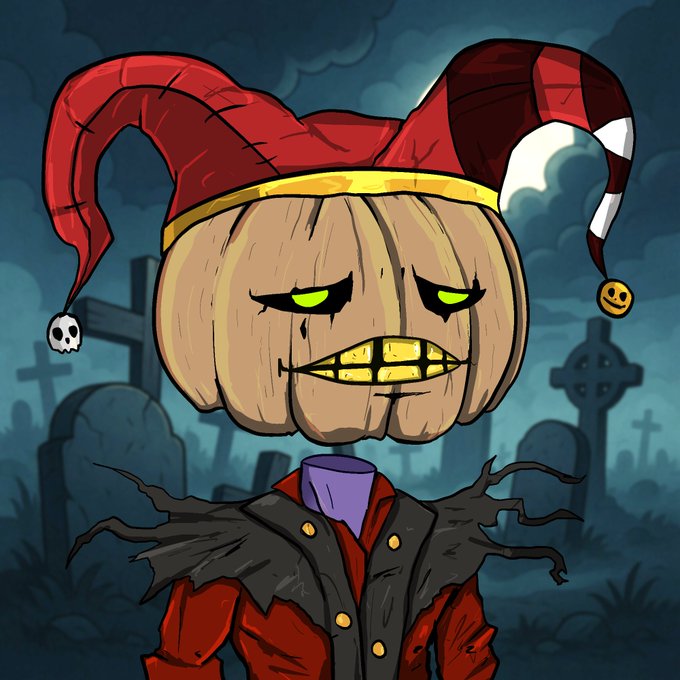 A cartoon illustration of a pumpkin-headed character in a jester hat standing in a spooky graveyard with crosses and Celtic tombstones.