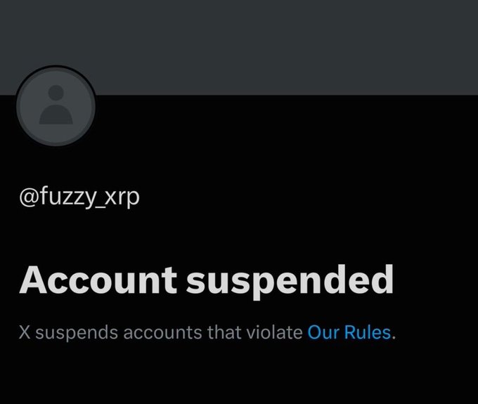 The screenshot shows a suspended Twitter account for "@fuzzy_xrp", with the accompanying post suggesting this is a negative event for the account holder while being positive for XRP.