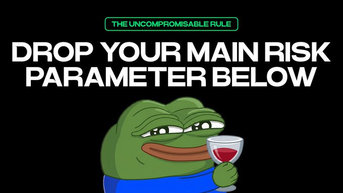 The image features a cartoon frog holding a glass of wine, with text above him stating "DROP YOUR MAIN RISK PARAMETER BELOW". The main focus of this image is the frog's wine glass, which has a red liquid in it.