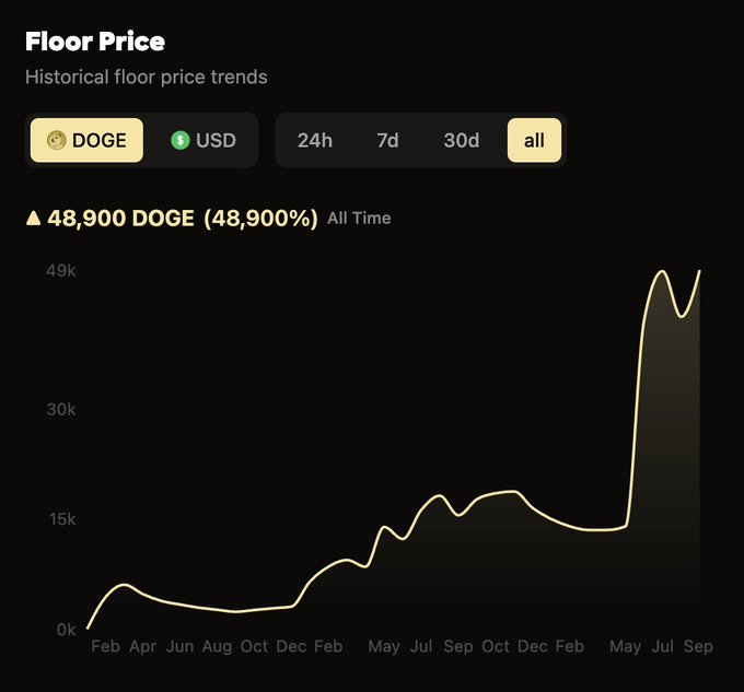 A dark-themed chart titled 'Floor Price' displays 'Historical floor price trends' showing a dramatic increase to '48,900 DOGE (48,900%) All Time' over a multi-year period, with time filter options for 24h, 7d, 30d, and all.