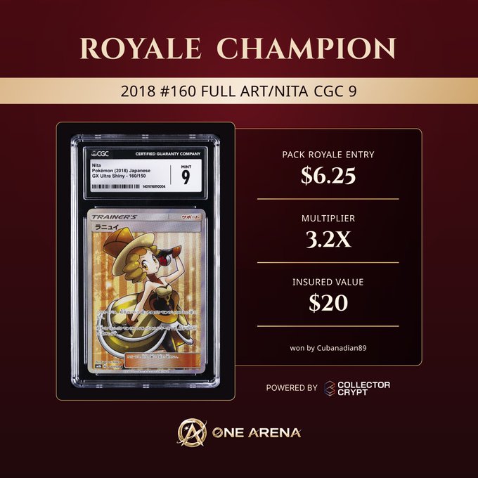 A 'ROYALE CHAMPION' award graphic for a 2018 Pokémon Nita CGC 9 graded by Certified Guaranty Company, displaying a Pack Royale Entry of $6.25, 3.2X multiplier, $20 insured value, won by Cubanadian89, powered by Collector Crypt/One Arena.