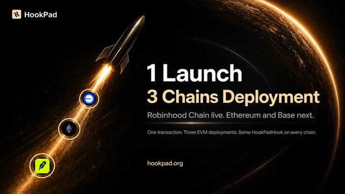 A promotional graphic for HookPad showing '1 Launch, 3 Chains Deployment' with a rocket flying past a planet, mentioning 'Robinhood Chain live. Ethereum and Base next.' at hookpad.org.