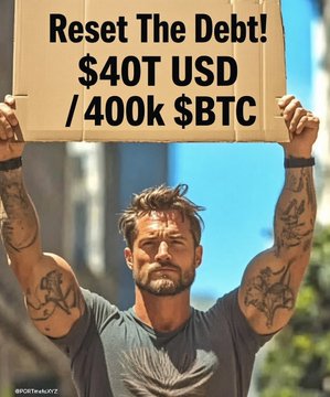 An AI-generated image shows a tattooed man holding a cardboard sign reading "Reset The Debt! $40T USD / 400k $BTC," with a Bitcoin logo and the handle @FORTheAI.xyz.