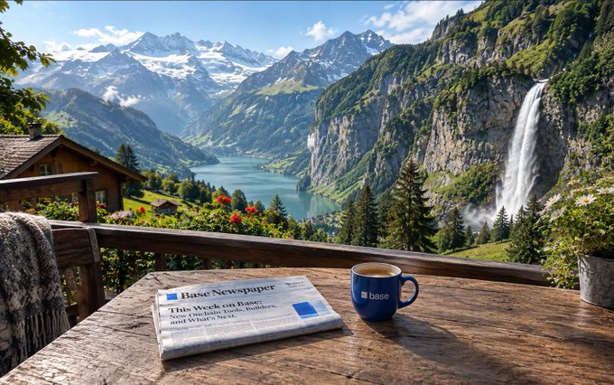 A scenic view from a wooden balcony overlooks an alpine lake and snow-capped mountains, with a 'Base' branded mug and newspaper headlined 'This Week on Base: New onchain Tools, Builders, and 13M+ on N...' on the table.