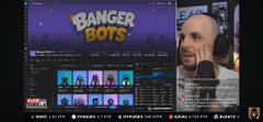A web page or app screen titled 'BANGER BOTS' showing a grid of colorful bot/character thumbnails with a partial face visible in the background.
