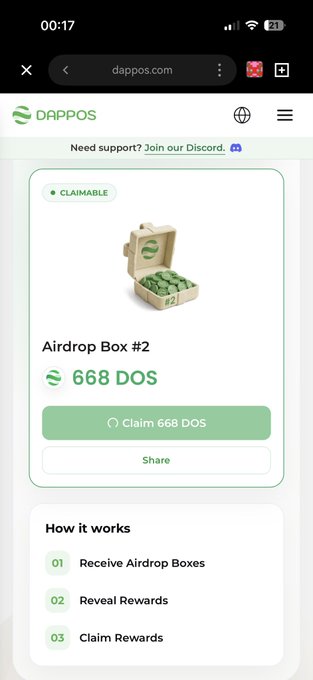 A mobile screenshot of the DappOS website showing a claimable Airdrop Box #2 with 668 DUS tokens available, along with a "How it works" section listing steps to receive, reveal, and claim rewards.