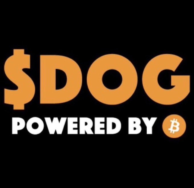 Logo reading '$DOG POWERED BY' with a Bitcoin symbol, displayed on a black background.