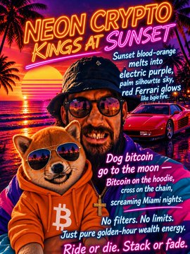 A neon-colored poster titled 'NEON CRYPTO KINGS AT SUNSET' featuring a man and dog in sunglasses by a Ferrari, with text about crypto and Miami nightlife.