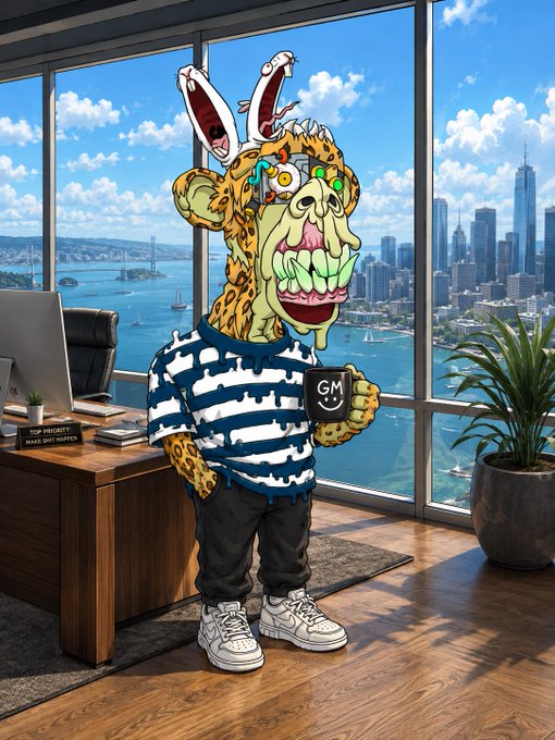 A cartoon illustration depicts a grotesque, exaggerated character with rabbit ears and sharp teeth wearing a striped shirt, holding a 'GM' mug in a high-rise office with a city skyline view.