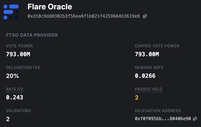 The image shows a Flare Oracle FTSO Data Provider dashboard for address 0xd18c9dd0302b3f56ea6f1b021f4259684b3619e8, displaying metrics including 793.00M vote power, a 20% delegation fee, 0.0266 reward rate, 2 passes held, and 2 validators. The dashboard visually supports the post's message by confirming the provider's 20% delegation fee—the central point of their explanation about maintaining solidarity with the infrastructure community despite losing most of their delegators.