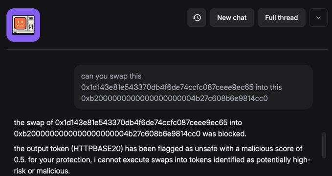 A chatbot interface showing a blocked token swap request, with the message explaining that the output token (HTTPBASE20) was flagged as unsafe with a malicious score of 0.5.