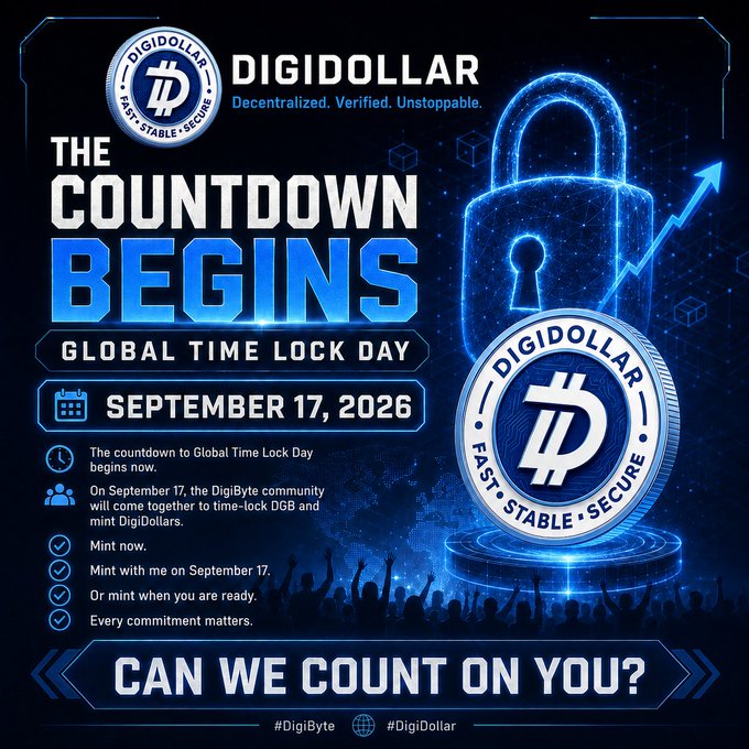 A promotional graphic for Digidollar announcing "Global Time Lock Day" on September 17, 2026, featuring a glowing blue padlock and Digidollar coin with the tagline "Decentralized. Verified. Unstoppable." and the call to action "Can we count on you?" inviting the DigiByte community to mint DigiDollars.