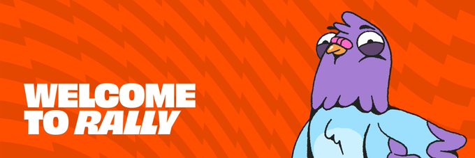 The image features a cartoon bird with a purple body, blue wings, and a pink beak standing against an orange background. The text "Welcome To Rally" is written above the bird's head, indicating that the image is related to the concept of rallies or events.