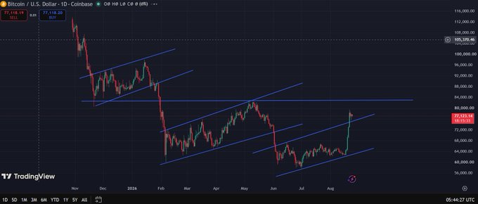TradingView candlestick chart of Bitcoin/U.S. Dollar (BTCUSD) showing a descending parallel channel pattern from late 2024 through 2026, currently at $77,118.19.