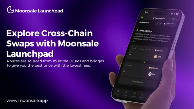 A promotional banner for Moonsale Launchpad advertising cross-chain swaps and bridges across DEXs, with the URL www.moonsale.app.