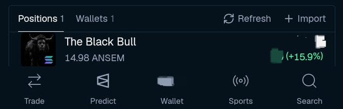 A trading dashboard displays a portfolio position called "The Black Bull" holding 14.98 ANSEM tokens, showing a gain of +15.9% alongside action buttons for Trade, Predict, Wallet, Sports, and Search, with a reference to bullpen.fi—a platform consistent with the post celebrating profits on an $ANSEM position.