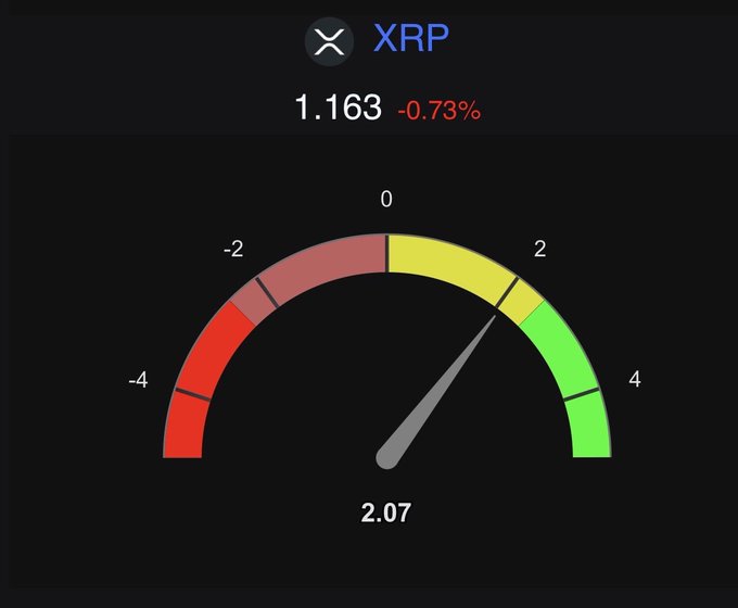 A cryptocurrency dashboard showing XRP at $1.163, down -0.73%, with a gauge meter reading 2.07.