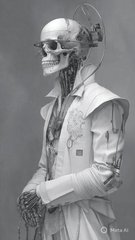 A black-and-white image depicts a skeletal robot figure wearing sunglasses, headphones, and a lab coat.