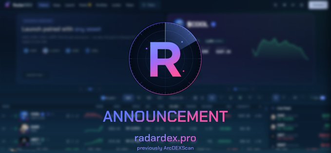 A promotional announcement image for RadarDEX (radardex.pro, previously ArcDEXScan) featuring a stylized "R" logo, with text reading "ANNOUNCEMENT" that aligns with the post about the platform's transition to a launchpad-only model and the burning of LP fee tokens like COOL and DUKE.