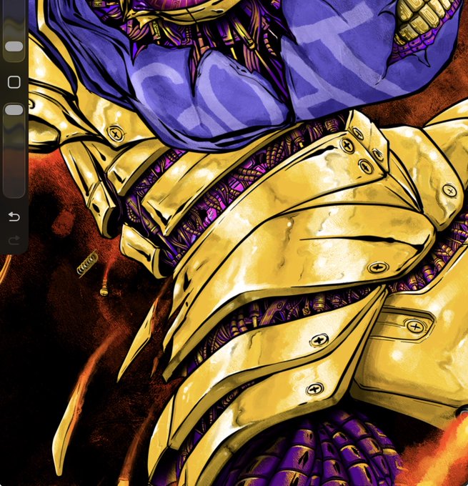 A detailed digital drawing shows a character's midsection wearing segmented gold armor with exposed purple, ribbed under-suit, drawn with an interface visible on the left edge indicating a drawing app.