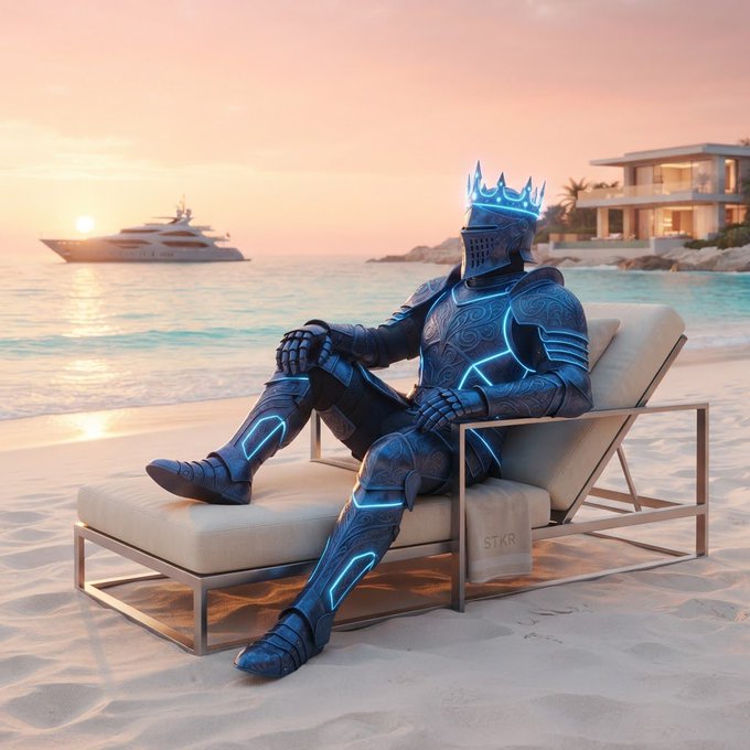 A digital artwork depicting a knight in dark futuristic armor with glowing blue neon accents and a crown, sitting relaxed on a beach lounge chair at sunset, with a luxury yacht and modern villa in the background.