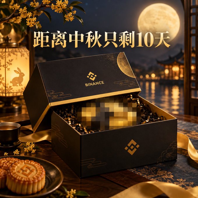 A Binance-branded black gift box with gold accents sits open on a table filled with treats, accompanied by mooncakes and a lantern, with Chinese text announcing 10 days until the Mid-Autumn Festival.