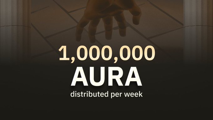 The image shows a banner with the text "1,000,000 $AURA distribution goes live today. A huge milestone for the community and an exciting moment for everyone who participated in the pre-deposit campaign." The image also includes a hand holding a wallet, which is related to the $AURA distribution. The post suggests that users can expect to receive 1,000,000 $AURA as part of the distribution.
