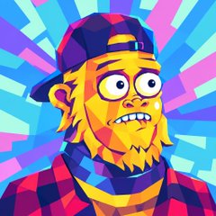 A colorful pop-art style illustration of a bearded man wearing glasses and a backwards cap, set against a vibrant blue and pink radiating background.