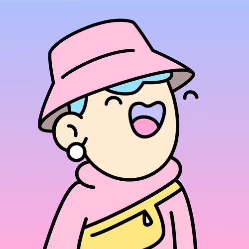 A cartoon illustration of a cheerful character with blue hair wearing a pink bucket hat and pink jacket against a gradient purple-pink background.