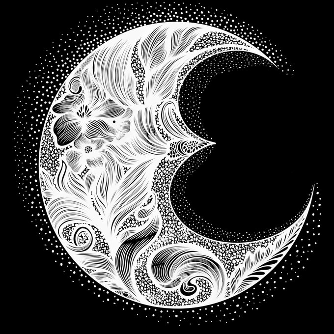 An intricate black and white illustration of a crescent moon filled with detailed floral and swirling patterns against a starry night sky.