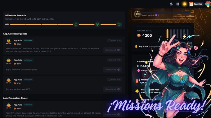 A screenshot of a crypto gaming interface called 'Bounties' showing 'Milestone Rewards,' daily quests, and an anime-style character with the text '¡Missions Ready!'