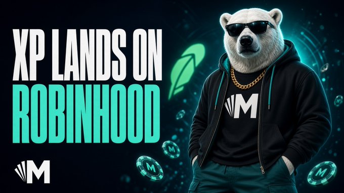 A promotional graphic featuring a bear character in sunglasses and a hoodie with an 'M' logo, alongside text reading 'XP LANDS ON ROBINHOOD' against a dark background with floating coins.